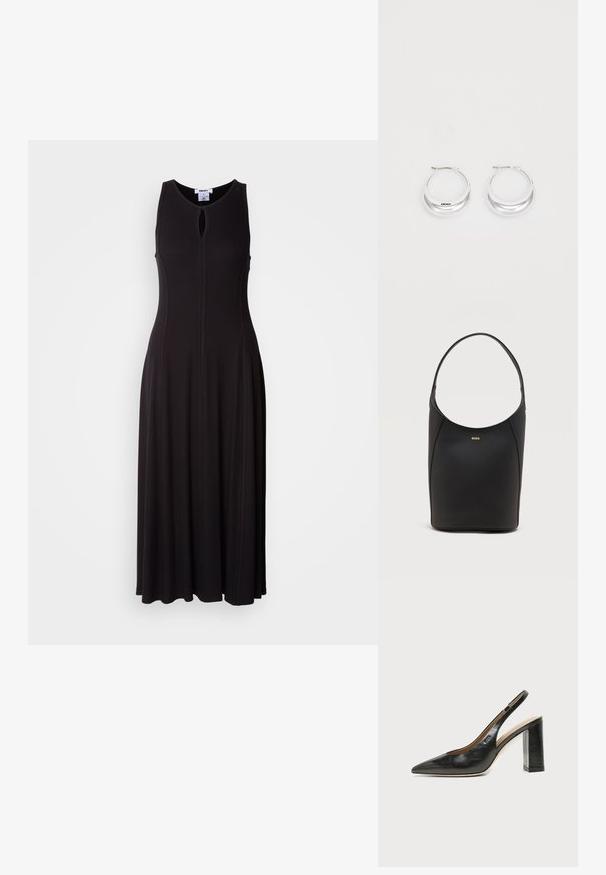 Schwarzes ärmelloses Maxikleid mit Schlüssel-Ausschnitt, taillierter Passform und schwingendem Rock. Der Stoff hat eine glatte Textur mit sichtbaren Nähdetails.; Schwarzer Leder-Slingback-Schuh mit spitzer Kappe, hohem Blockabsatz und beigegefüttertem Innenraum vor hellem, einfarbigem Hintergrund.; Schwarze Leder-Bucket-Bag mit einem einzelnen Schulterriemen und kleinem goldfarbenem BOSS-Logo, zentriert nahe der oberen Vorderseite.; Silberne Creolen mit glänzender Oberfläche und DKNY-Logo, vor einem schlichten weißen Hintergrund präsentiert.