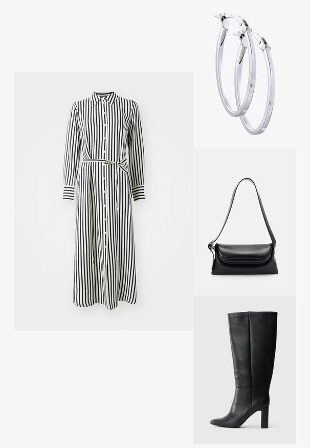 Robe rayée à manches longues, avec un devant boutonné et une ceinture à la taille. Présente des rayures verticales noires et blanches et un col.; Bottes montantes en cuir noir à bout pointu et à talon carré. Texture lisse avec des détails de couture subtils.; Sac à main en cuir noir avec une forme structurée, une texture lisse et une seule bandoulière. Présente un design de rabat arrondi et subtil.; DIAMANT L'ÉTERNEL Boucles d'oreilles - white gold coloured