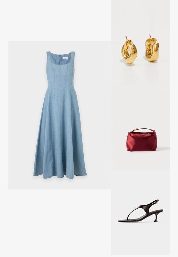 Robe sans manches en denim bleu clair avec encolure arrondie et taille ajustée, s'évasant en une longue jupe trapèze, fermeture éclair au dos.; Sandale slingback en cuir verni marron foncé avec petit talon et bride entre les orteils sur fond blanc.; Trousse de maquillage en satin bourgogne de forme rectangulaire, avec fermeture éclair et une poignée courte. Présente un design minimaliste et une texture lisse.; Boucles d'oreilles créoles en or massif avec un design tubulaire légèrement tordu et des fermoirs à tige sur un fond blanc.