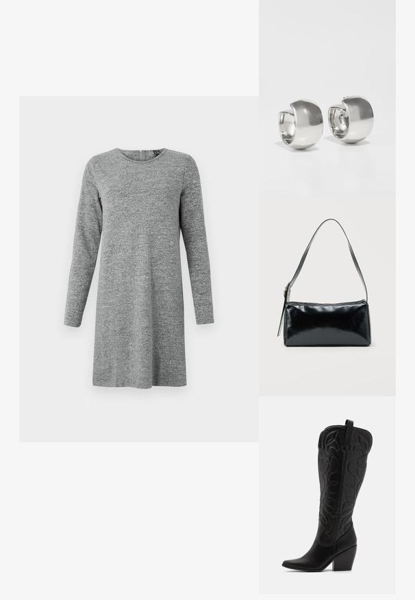 Robe en maille à manches longues, gris clair, avec un col rond et une fermeture éclair dans le dos.; Bottes hautes en cuir noir jusqu'aux genoux avec bout pointu et talon empilé. Caractéristiques de coutures décoratives et éléments de design courbés.; Sac d'épaule rectangulaire noir avec une sangle réglable unique et une fermeture éclair supérieure sur un fond uni.; Uncommon Matters SCULPTURAL LARGE CREOLE - Boucles d'oreilles - silver-coloured