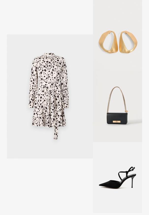 Lange mouw jurk in lichtbeige met zwart gespikkeld patroon, knoopsluiting aan de voorkant, tailleband en uitlopende rok. Gladde stoffen textuur.; Zwarte pumps met spitse neus, smalle stilettohak en dunne enkelbandjes met een zilveren gesp op een witte achtergrond.; Zwarte rechthoekige leren handtas met gouden kettingriem en gouden rechthoekige sluiting aan de voorkant.; Een paar onregelmatige, asymmetrische gouden oorringen met een gladde, matte afwerking op een neutrale achtergrond.