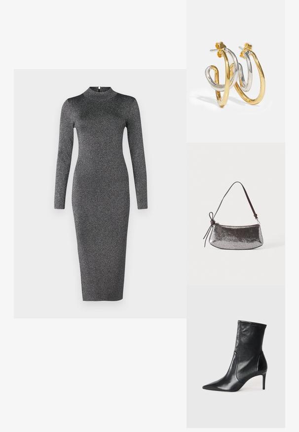 Vestido de manga larga y cuello alto en una silueta ajustada, hecho de tela negra brillante con un sutil destello, que cae justo por debajo de las rodillas.; Botas negras hasta el tobillo hechas de cuero suave, con punta afilada, caña ajustada y tacón alto delgado. Diseño minimalista sin herrajes visibles.; Pequeño bolso metálico plateado con superficie texturizada, correa corta marrón oscuro y lazo decorativo anudado en un lado.; Pendientes de aro entrelazados en oro y plata con acabados suaves y brillantes; cuentan con un cierre de presión para un uso seguro.