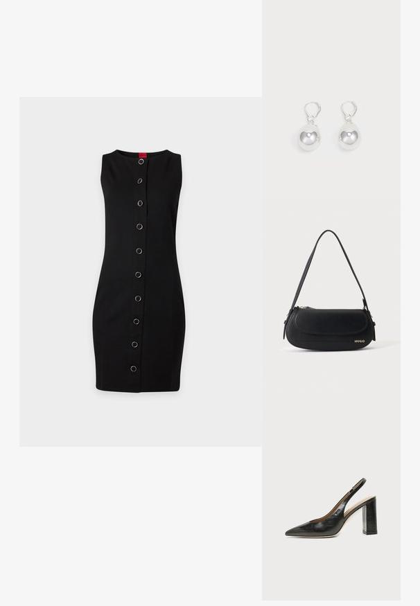 Robe noire sans manches mi-longue avec un col rond et une rangée verticale de boutons anneaux argentés sur le devant.; Chaussure slingback en cuir noir à bout pointu avec un talon bloc haut et une doublure intérieure beige sur un fond clair uni.; Sac à épaule en cuir noir avec rabat incurvé, logo doré "HUGO" sur le devant, et une bandoulière réglable.; Boucles d'oreilles en argent en forme de goutte avec des surfaces lisses, rondes et réfléchissantes, suspendues à des fermoirs à ressort. L'arrière-plan est blanc uni.