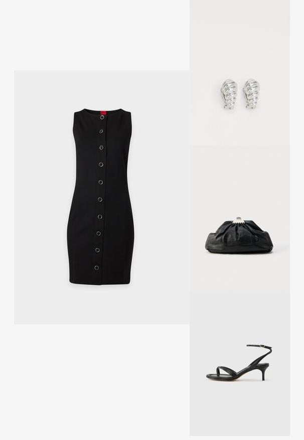 Robe noire sans manches mi-longue avec un col rond et une rangée verticale de boutons anneaux argentés sur le devant.; Sandale pour femme en cuir noir avec fines lanières, une boucle d'orteil, une boucle à la cheville et un talon aiguille de hauteur moyenne sur un fond neutre.; Pochette en cuir noir avec une texture plissée, fermeture à fermoir métallique, et logo embossé discret sur le devant. Forme arrondie.; Boucles d'oreilles en clip argentées avec un design en spirale, présentant une texture métallique lisse et des formes arrondies. Pas d'embellissements ou de motifs visibles.