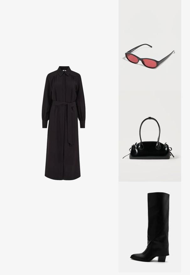 Largo vestido negro con cuello camisero, cierre delantero con botones, mangas largas abullonadas y cinturón atado en la cintura. Fabricado en una tela suave.; Bota alta de cuero negro con costuras anguladas, puntera puntiaguda y tacón grueso de altura media sobre fondo blanco.; Gafas de sol ovaladas negras con varillas delgadas y lentes tintados de rojo descansando sobre una superficie blanca.; Pequeño bolso negro brillante con dos asas largas y detalles de cordón lateral sobre un fondo claro liso.