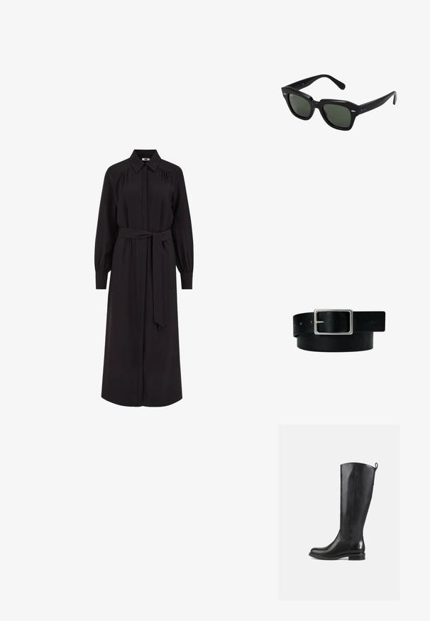Largo vestido negro con cuello camisero, cierre delantero con botones, mangas largas abullonadas y cinturón atado en la cintura. Fabricado en una tela suave.; Botas de cuero negras hasta la rodilla con un acabado suave, punta redondeada, tacón bajo y una lengüeta en la parte posterior. Diseño minimalista sin patrones visibles.; Gafas de sol cuadradas negras con lentes verde oscuro, con montura audaz y acentos plateados en los laterales. Fabricadas en Italia.; Cinturón de cuero negro con hebilla rectangular plateada y múltiples orificios de ajuste, colocado plano sobre un fondo blanco.