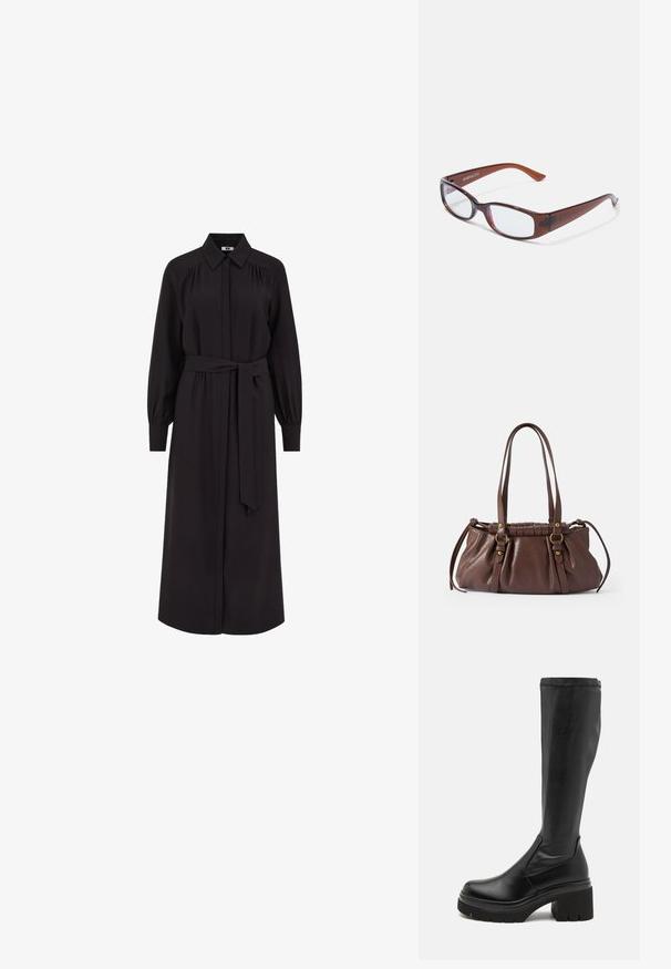 Largo vestido negro con cuello camisero, cierre delantero con botones, mangas largas abullonadas y cinturón atado en la cintura. Fabricado en una tela suave.; RAID RIMISHA - Botas con plataforma - black; Gafas rectangulares con tintado marrón y acabado brillante, con varillas delgadas y lentes transparentes. Logo visible en la patilla izquierda.; Bolso de cuero marrón con dos asas largas, diseño acanalado, acentos de hardware en tono dorado y un acabado texturizado.