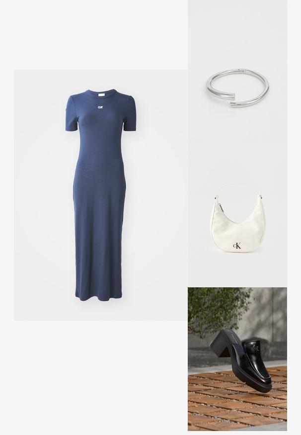 Mørkeblå ribbet strikket kjole med en tætsiddende silhuet, korte ærmer og rund halsudskæring. Har et lille logo på brystet.; Sort læder Calvin Klein slip-on mule med blokhæl, der hviler på trætøj udendørs nær en grøn plante og en grå væg.; Lille hvid halvmåneformet håndtaske med kort rem, lynlås og sort "cK"-logo foran.; Calvin Klein SPIRAL - Armbånd - silver-coloured