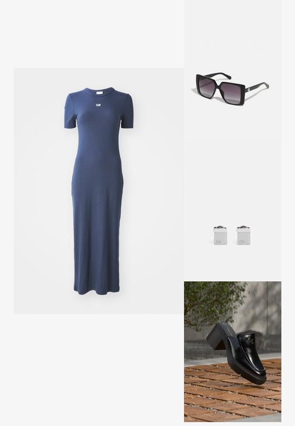Vestido de punto acanalado azul marino con una silueta ajustada, mangas cortas y un escote redondo. Presenta un pequeño logo en el pecho.; Mule tipo slip-on de cuero negro de Calvin Klein con tacón de bloque descansando sobre baldosas de madera al aire libre cerca de una planta verde y una pared gris.; Gafas de sol cuadradas negras con lentes degradados grises. Montura brillante con líneas elegantes. Acento de logo plateado en las patillas.; Gemelos de puño cuadrados de plata con un acabado pulido, que presentan las letras grabadas "CK" en un lado y un detalle redondeado en la parte superior.