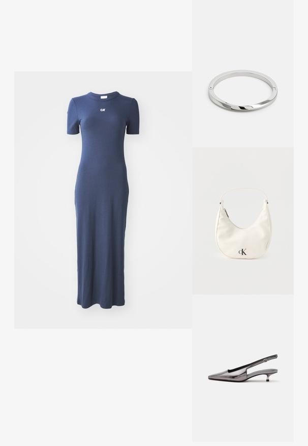 Navyblaues geripptes Strickkleid mit figurbetonter Silhouette, kurzen Ärmeln und rundem Ausschnitt. Mit kleinem Logo auf der Brust.; Metallic-grauer Slingback-Schuh mit spitzer Schuhspitze, niedrigem Kittenabsatz und verstellbarem Riemen auf weißem Hintergrund.; Kleine weiße halbmondenförmige Handtasche mit kurzem Trageriemen, Reißverschluss und schwarzem "cK"-Logo auf der Vorderseite.; Silbernes Metallarmband mit einer glatten, glänzenden Oberfläche und flachen Kanten. Verfügt über ein offenes, kreisförmiges Design mit einem subtilen Verschlussdetail.