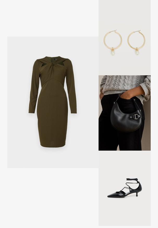 Olivenfarvet kjole lavet af glat stof, med lange ærmer, et snoet bodice design og en lynlås i ryggen. Mellemlang stil.; Sort spids kitten heel sko med ankelstropper og udskæringsdetaljer på siderne, vist på en ensfarvet lys baggrund.; Person iført en grå kabelstrikket sweater og sorte bukser, der holder en lille sort lædertaske med en sølv spænde detalje.; Guld hoops øreringe, hver med en enkelt hængende hvid perle og små rhinsten detaljer på en lys baggrund.