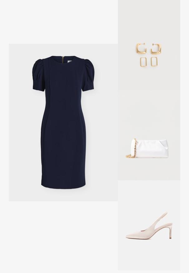 Robe bleu marine longueur genou avec manches courtes bouffantes, encolure ronde, silhouette ajustée et fermeture éclair au dos.; Chaussure à talon haut à bride arrière en satin beige, avec un bout pointu, un décolleté découpé et des accents décoratifs en perles le long du bord.; Pochette souple blanche avec bandoulière chaîne dorée ornée de pierres précieuses transparentes, sur fond gris clair uni.; Deux paires de Boucles d'oreilles créoles géométriques dorées sur une surface blanche unie, une paire carrée et pleine, une paire rectangulaire et creuse.