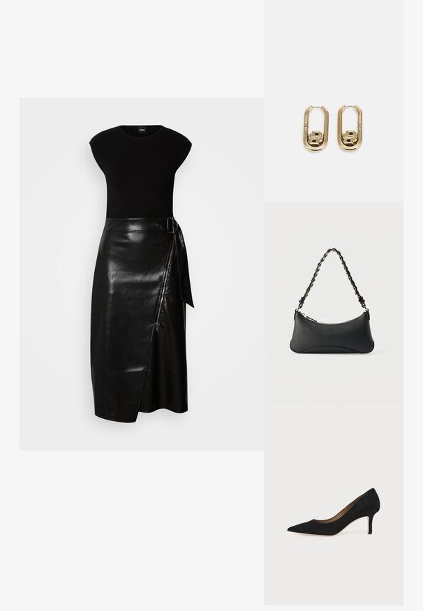 Zwarte jurk met een aansluitende top en een vloeiende, leren midi-rok. De rok heeft een zijrits en een stoffen strik in de taille.; Zwarte suède pumps met spitse neus, een slanke middenhoge naaldhak en een laag uitgesneden ontwerp op een effen achtergrond.; Zwarte lederen schoudertas met een gebogen rechthoekige vorm, gouden ketting verweven in een gevlochten zwarte band, en een ritssluiting bovenop.; BOSS DOUBLE B SWING - Oorbellen - gold-coloured
