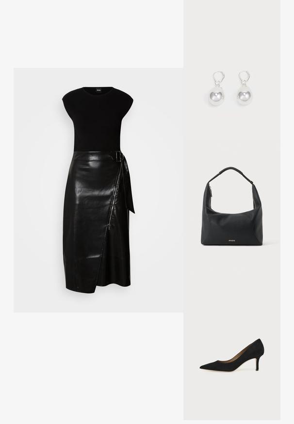 Zwarte jurk met een aansluitende top en een vloeiende, leren midi-rok. De rok heeft een zijrits en een stoffen strik in de taille.; Zwarte suède pumps met spitse neus, een slanke middenhoge naaldhak en een laag uitgesneden ontwerp op een effen achtergrond.; Zwarte leren schoudertas met gevlochten handvat, gouden ritsdetail en klein goudkleurig "HUGO"-logo aan de voorkant in het midden.; Zilveren druppeloorbellen met gladde, ronde, reflecterende oppervlakken die hangen aan klapring-sluitingen. Achtergrond is puur wit.