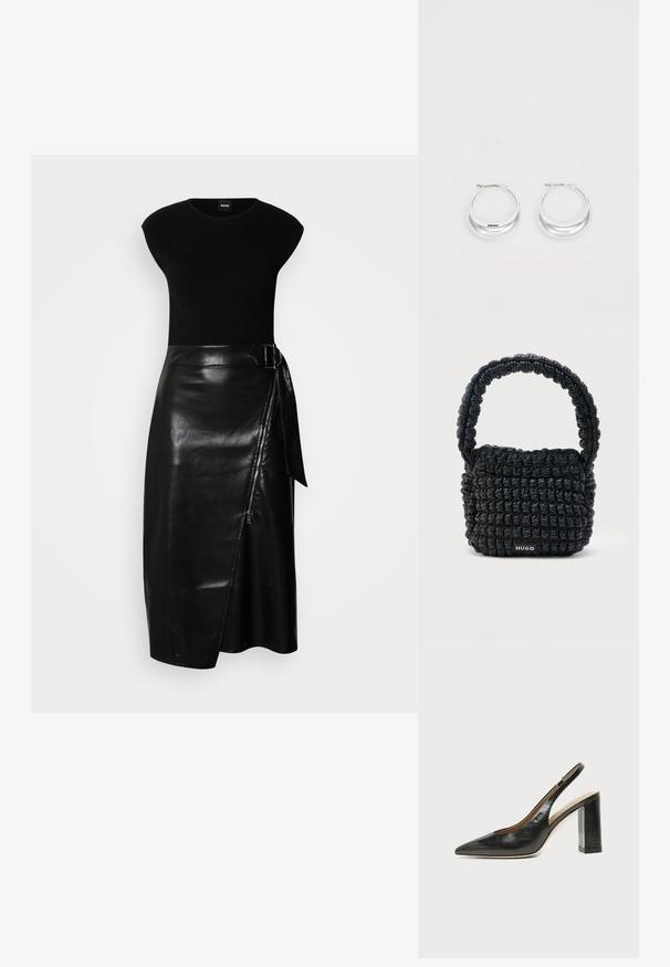 Zwarte jurk met een aansluitende top en een vloeiende, leren midi-rok. De rok heeft een zijrits en een stoffen strik in de taille.; Zwarte leren slingback schoen met spits toelopend neusje, hoge blokhak en beige binnenvoering tegen een effen lichte achtergrond.; Kleine zwarte gewatteerde handtas met korte, gewatteerde handgreep en "HUGO"-label aan de voorkant, afgebeeld tegen een effen lichte achtergrond.; Zilveren creolen met een gepolijste afwerking en DKNY-branding, weergegeven tegen een effen witte achtergrond.