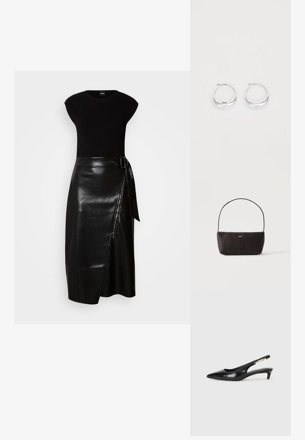 Vestido negro con parte superior ajustada y una falda de cuero fluida de largo midi. La falda tiene un cierre lateral y un lazo de tela en la cintura.; Tacones negros de piel sintética tipo slingback con punta afilada, que cuentan con un tacón delgado y un detalle en tono dorado en la correa ajustable. Textura suave.; Bolso tejido negro con textura, con una sola correa para el hombro y pequeño logo dorado "BOSS" en el centro delantero.; Pendientes de aro de plata con un acabado pulido y la marca DKNY, exhibidos sobre un fondo blanco liso.