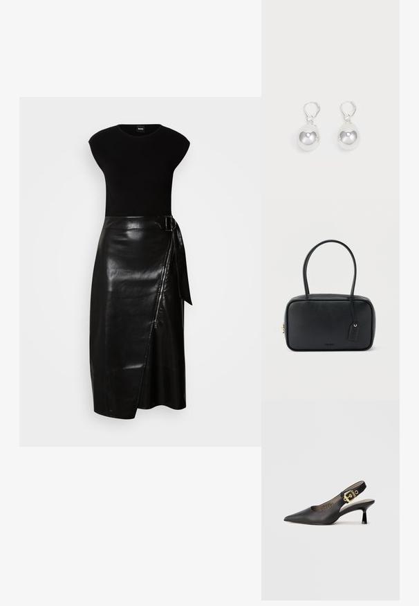 Vestido negro con parte superior ajustada y una falda de cuero fluida de largo midi. La falda tiene un cierre lateral y un lazo de tela en la cintura.; Zapato de tacón alto tipo slingback negro con punta afilada, textura de cuero suave y un acento de hebilla en tono dorado en la correa.; Bolso rectangular negro con asas dobles redondeadas, cremallera dorada y logo "HUGO" en relieve en el frente con etiqueta de cuero adjunta.; Pendientes de plata en forma de gota con superficies redondas y reflectantes colgando de cierres de palanca. El fondo es blanco liso.