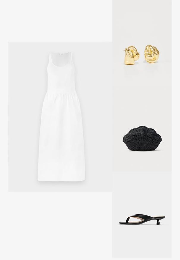Hvid maxi-kjole med ærmeløs design, rund halsudskæring, cinchet talje og svajende skirt. Fremstillet af letvægtsstof.; Sort læder-tå-sandal med lav lille hæl og let firkantet tå på ensfarvet lysegrå baggrund.; Sort flet håndtaske formet som en muslingeskal med en buet top og flettet tekstur på en ensfarvet baggrund.; Guldtonede metalstud øreringe med et skulpturelt, snoet design. Glat, blank overflade med en afrundet form og ingen synlige udsmykninger.