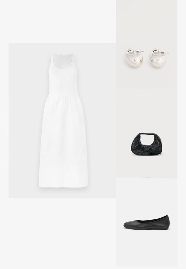 Hvid maxi-kjole med ærmeløs design, rund halsudskæring, cinchet talje og svajende skirt. Fremstillet af letvægtsstof.; Sort læderballetsko med rund tå, glat tekstur, minimal syning og et fleksibelt såldesign.; Sort flettet hobo-taske med blød struktur og integreret håndtag, vist på en ensfarvet lys baggrund.; Par af skinnende sølv store øreringe med lukning på bagsiden mod en ensfarvet hvid baggrund.