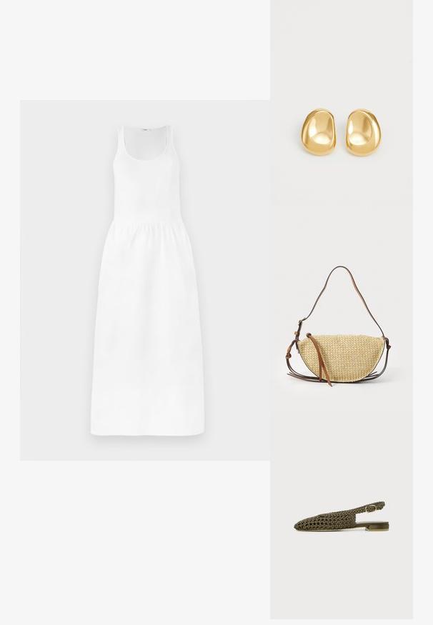 Hvid maxi-kjole med ærmeløs design, rund halsudskæring, cinchet talje og svajende skirt. Fremstillet af letvægtsstof.; Flad olivengrøn vævet slingback-sko med lille firkantet hæl og justerbar guldspænde.; Vævet stråtask med en halvmåneform, der har en brun læderrem og accenter. Textureret, naturlig farve med glatte kanter.; Guldfarvede stud øreringe med en glat, rund form og en reflekterende overflade, der fremhæver et minimalistisk design uden synlige mønstre.
