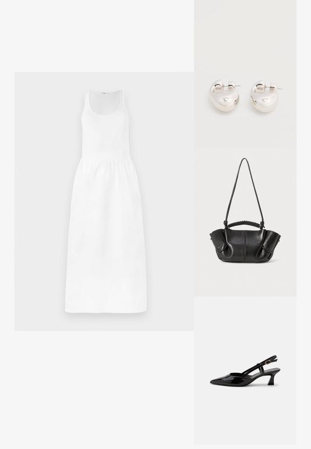 Hvid maxi-kjole med ærmeløs design, rund halsudskæring, cinchet talje og svajende skirt. Fremstillet af letvægtsstof.; Sort laklæderslingback med lille hæl, spids tå og justerbar guldlåsrem på hvid baggrund.; Sort lædertaske med en struktureret overflade, bløde folder, dobbelte stropper og vævet detalje på håndtaget. Kompakt, med en åben-top design.; Par af skinnende sølv store øreringe med lukning på bagsiden mod en ensfarvet hvid baggrund.