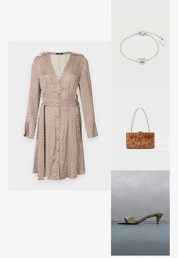 Langärmliges Wickelkleid aus beigem Stoff mit einem sich wiederholenden braunen Muster, mit tiefem V-Ausschnitt, goldenen Knopfdetails und einem passenden Gürtel.; High-Heeled Mule-Schuh mit Schlangenmuster und goldenem Logo, der auf einer strukturierten Holzoberfläche im Freien ruht.; Rechteckige braune Handtasche im Schildpatt-Design mit silbernem Kettenhenkel, Klappverschluss und glänzender Oberfläche, vor einfachem hellem Hintergrund präsentiert.; Silberarmband mit Kettengliedern und einem Schmetterlingsanhänger, der mit kleinen klaren Kristallen verziert ist, sowie einem verstellbaren Verschluss mit einem dreieckigen Anhänger.