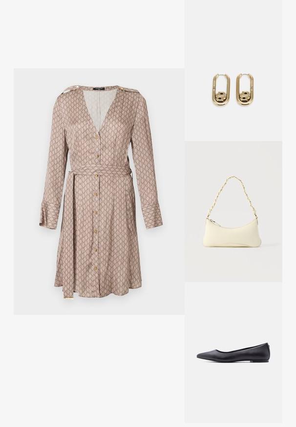 Langere mouw wikkeljurk in beige stof met een herhalend bruin patroon, voorzien van een diepe V-hals, gouden knoopdetails en een bijpassende riem.; Zwarte platte leren schoen met puntige neus en lage hak, zijaanzicht tegen een witte achtergrond.; Kleine handtas in crèmekleur met een gebogen vorm en gevlochten kettinghengsel in goudkleur, ritssluiting aan de bovenkant; BOSS DOUBLE B SWING - Oorbellen - gold-coloured