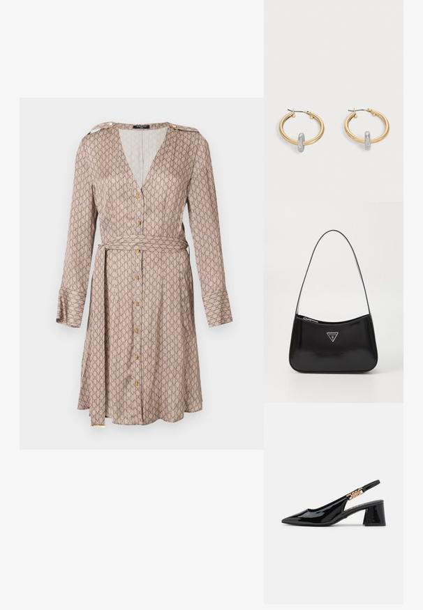 Vestido de corte envolvente de mangas largas en tejido beige con un patrón marrón repetido, que presenta un escote en V profundo, detalles de botones dorados y un cinturón a juego.; Zapatos de charol negro con tacón de pala y puntera afilada, con detalles en tono dorado en la correa, que presentan un tacón cuadrado. Textura suave.; Bolso de hombro de charol negro con forma curva, que presenta un logotipo triangular plateado y un cierre de cremallera. Textura suave y correa delgada.; Par de pendientes de aro en tono dorado con pequeño detalle de aro en tono plateado en cada uno, expuestos sobre un fondo gris claro.