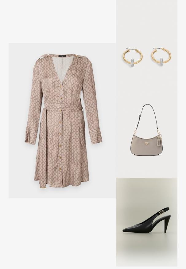 Robe portefeuille à manches longues en tissu beige avec un motif brun répétitif, présentant un décolleté en V profond, des détails en boutons dorés, et une ceinture assortie.; Escarpin à bride arrière en cuir noir avec bout pointu, boucle dorée et talon effilé sur un fond neutre.; Sac à main synthétique gris avec une forme incurvée, des accents en métal doré et une bandoulière amovible. Dispose d'un emblème en forme de triangle avec logo et de deux étiquettes.; Paire de boucles d'oreilles créoles dorées avec un petit détail boucle ton argent sur chaque, exposées sur fond gris clair.