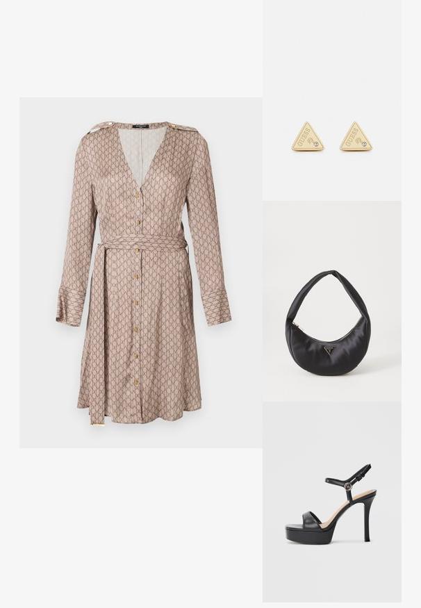 Langere mouw wikkeljurk in beige stof met een herhalend bruin patroon, voorzien van een diepe V-hals, gouden knoopdetails en een bijpassende riem.; Zwarte platformsandalen met een hoge naaldhak, voorzien van een glad leren bovenkant, een peep-toe ontwerp en een verstelbare enkelriem met beslag.; Zwarte satin handtas met een gebogen vorm, voorzien van een ritssluiting en een driehoekig metalen logo aan de voorkant. Gladde textuur en een slank ontwerp.; Guess PARTY - Oorbellen - gold-coloured