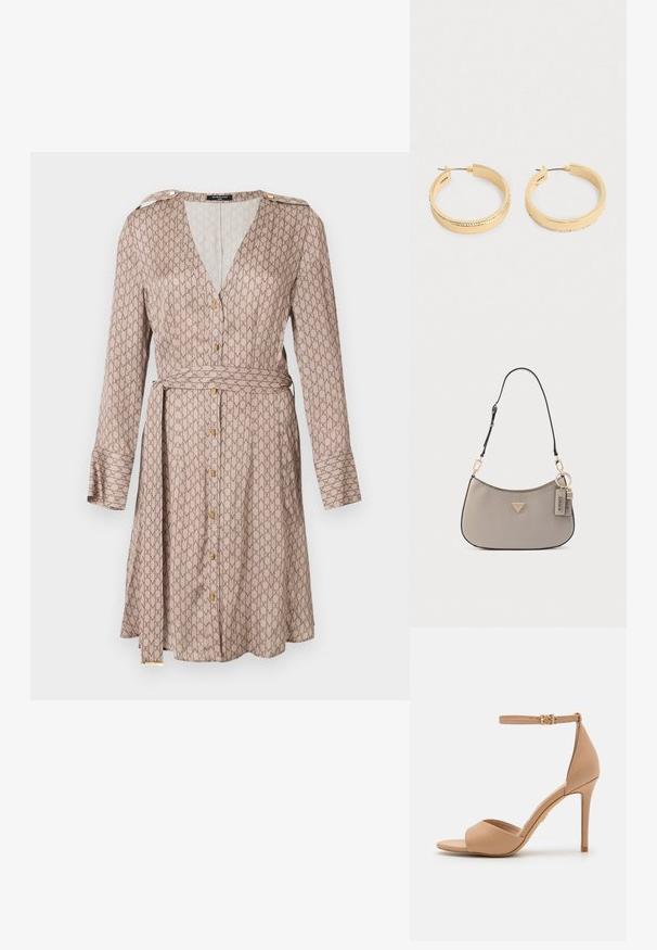 Langere mouw wikkeljurk in beige stof met een herhalend bruin patroon, voorzien van een diepe V-hals, gouden knoopdetails en een bijpassende riem.; ALDO CRERIDE PILLOW WALK - Sandalen - beige; Grijze synthetische handtas met een gebogen vorm, gouden hardware accenten en een afneembare riem. Heeft een logo driehoekig embleem en twee labels.; Een paar gouden hoepel oorbellen met een rij kleine kristallen langs de buitenrand, getoond op een effen lichte achtergrond.