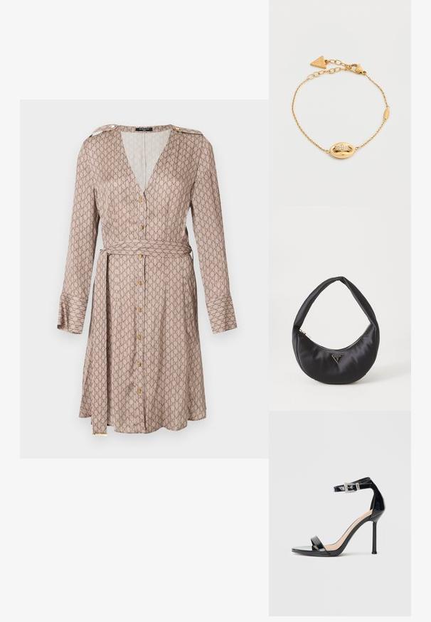 Vestido de corte envolvente de mangas largas en tejido beige con un patrón marrón repetido, que presenta un escote en V profundo, detalles de botones dorados y un cinturón a juego.; Sandalia de tacón alto en piel sintética negra con correa en el tobillo. Presenta un diseño minimalista, punta abierta y una hebilla con detalles de pedrería.; Bolso de satén negro con forma curva, que cuenta con un cierre de cremallera y un logo triangular en metal en la parte delantera. Textura suave y diseño elegante.; Pulsera delicada de cadena de oro con pieza central ovalada adornada con pequeños cristales transparentes y un charm triangular con la marca cerca del cierre.