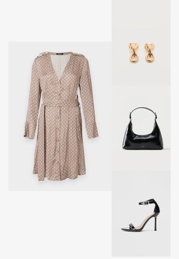 Robe portefeuille à manches longues en tissu beige avec un motif brun répétitif, présentant un décolleté en V profond, des détails en boutons dorés, et une ceinture assortie.; Sandale à talon haut en cuir verni noir avec bride à la cheville. Présente un design minimaliste, un bout ouvert et une boucle ornée de strass.; Sac à main Calvin Klein noir brillant avec fermeture éclair dorée et anse courte sur fond blanc uni.; Paire de boucles d'oreilles créoles en bouclettes dorées brillantes sur fond blanc uni, présentant un design torsadé entrelacé.