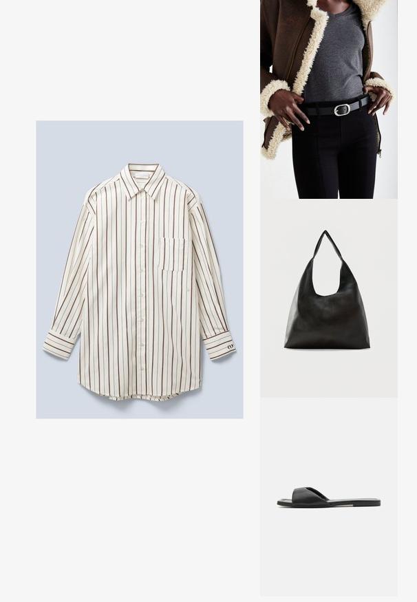 Langsleeve, button-up shirt van lichtgewicht stof, met verticale witte en bruine strepen, een borstzak en knoopsluiting bij de mouwen.; Zwarte slidesandalen hebben een soepele synthetisch materiaal, open teen ontwerp en een platte zool met een minimale accentstreep aan de zijkant.; Zwarte schoudertas van glad leer met een brede, enkele band en een nonchalant, minimalistisch ontwerp tegen een effen achtergrond.; Bruine shearling-gevoerde jas, grijs V-hals t-shirt, zwarte riem met zilveren ovale gesp, zwarte strakke jeans, gestructureerde materialen en gelaagd ontwerp.