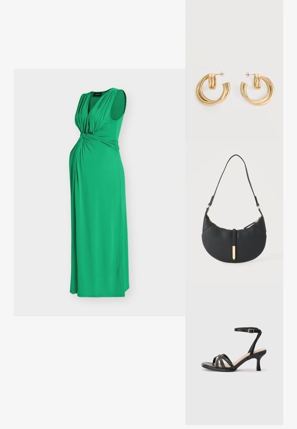 Robe de maternité longue verte sans manches avec un détail de tissu froncé au niveau de la poitrine et de la taille sur un fond uni.; Sandales à talons noirs avec plusieurs fines lanières sur le bout, une seule lanière à la cheville avec une boucle dorée, et un bout carré.; Sac à main noir en forme de croissant avec une bandoulière unique, une fermeture éclair dorée et une languette décorative rectangulaire dorée à l'avant.; Paire de boucles d'oreilles créoles doubles en or brillant avec attaches à tige sur fond blanc.