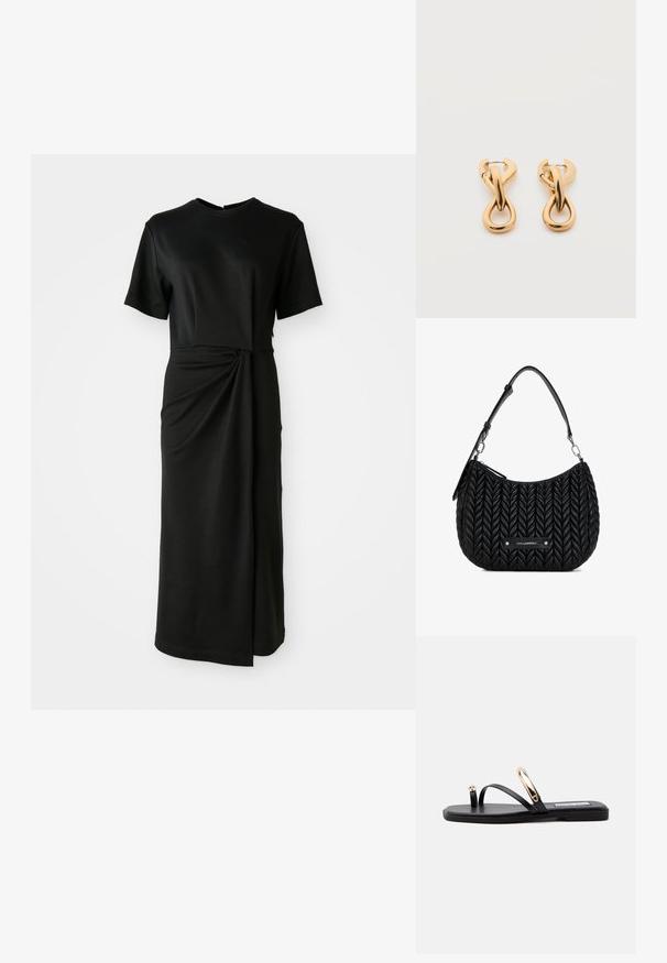 Vestido negro midi en tela suave, con mangas cortas, escote redondo y un detalle retorcido en la cintura que crea un efecto drapeado.; Sandalia plana negra con dos tiras finas, cada una con detalles metálicos dorados, mostrada de lado sobre un fondo claro y liso.; Bolso de mano de cuero negro con textura trenzada, forma curva y correa de hombro desmontable. Presenta una placa de logo plateada en la parte frontal.; Par de pendientes de aro con acabado dorado brillante sobre fondo blanco liso, con diseño entrelazado y torsionado.