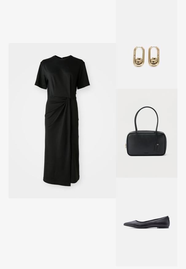 Schwarzes Midikleid aus weicher Stoffqualität, mit kurzen Ärmeln, einem runden Ausschnitt und einem Wickeldetail in der Taille, das einen drapierten Effekt erzeugt.; Schwarzer flacher Lederschuh mit spitzer Kappe und niedrigem Absatz, seitlich vor weißem Hintergrund gezeigt.; Schwarze rechteckige Handtasche mit doppelten, abgerundeten Griffen, goldfarbenem Reißverschluss und geprägtem „HUGO“-Logo auf der Vorderseite sowie angebrachtem Lederanhänger.; BOSS DOUBLE B SWING - Ohrringe - gold-coloured