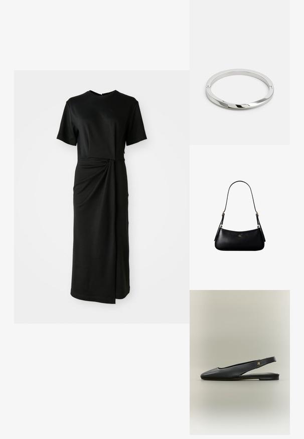 Vestido negro midi en tela suave, con mangas cortas, escote redondo y un detalle retorcido en la cintura que crea un efecto drapeado.; Zapato plano negro de cuero con tira trasera, punta afilada y acento de logo dorado en la tira, mostrado sobre un fondo neutro.; Mini bolso negro de cuero para hombro con correa delgada y pequeño logo dorado CK en el centro frontal.; Pulsera de metal plateado con una superficie lisa y brillante y bordes planos. Presenta un diseño circular abierto con un sutil detalle de cierre.