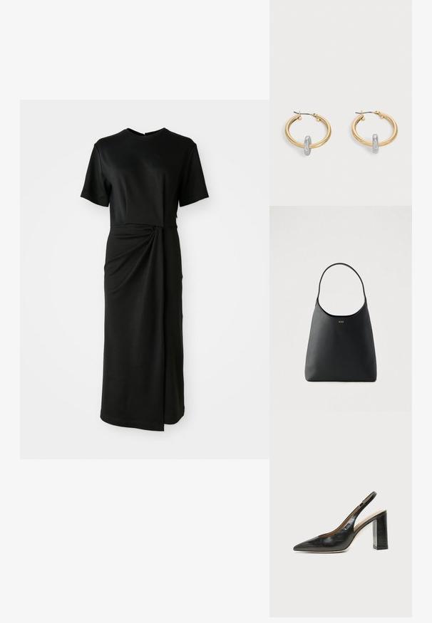 Vestido negro midi en tela suave, con mangas cortas, escote redondo y un detalle retorcido en la cintura que crea un efecto drapeado.; Zapato slingback de piel negra con puntera puntiaguda, tacón alto y ancho, y forro interior beige sobre un fondo claro y liso.; Bolso de mano de cuero negro con un asa curva única, textura suave y un logo sutil en la parte frontal. Diseño minimalista e interior espacioso.; Par de pendientes de aro en tono dorado con pequeño detalle de aro en tono plateado en cada uno, expuestos sobre un fondo gris claro.