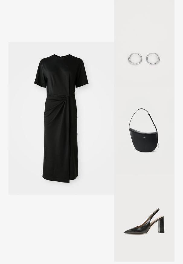 Robe midi noire en tissu doux, avec des manches courtes, un col rond et un détail noué à la taille qui crée un effet drapé.; Chaussure slingback en cuir noir à bout pointu avec un talon bloc haut et une doublure intérieure beige sur un fond clair uni.; Sac à bandoulière en cuir noir en forme de demi-lune avec une bandoulière réglable et le logo doré « BOSS » centré sur le devant.; Boucles d'oreilles en argent en forme de rond, avec une finition lisse et polie. Éléments circulaires avec un petit fermoir pour la fermeture. Design minimaliste, léger.
