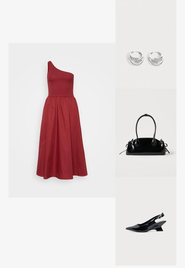 Robe asymétrique à une épaule en rouge riche, corsage ajusté, jupe mi-longue évasée, tissu lisse avec une texture subtile.; Chaussure slingback en cuir verni noir avec bout pointu et petit talon bloc incliné sur fond clair uni.; Petit sac à main noir brillant avec deux longues anses et des détails à cordon sur les côtés sur un fond clair uni.; Paire de boucles d'oreilles anneaux en argent poli avec un design de barre incurvée superposée sur un fond clair uni.