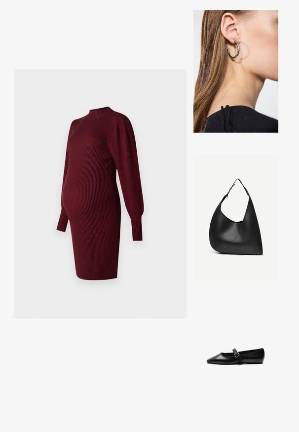 Burgundy ribbed neulevaate äitiysmekko, jossa on pitkät puff-hihat ja korkea kaulus, suunniteltu sopimaan vauvan mahalle.; Musta tasapohjainen nahkakenkä, jossa on terävä kärki, säädettävä remmi metallisoljella, sileä pinta ja minimalistikotyyli.; Mustasta nahasta valmistettu olkalaukku, jossa on kaareva kolmion muotoinen muoto, säädettävä olkahihna ja näkyvä vinoviiva etupuolella.; Hopea renkaankorvakoru kiiltävällä pinnalla, jossa on pieniä kultaisia yksityiskohtia ja pyöreä muoto, käytetty korvalla.