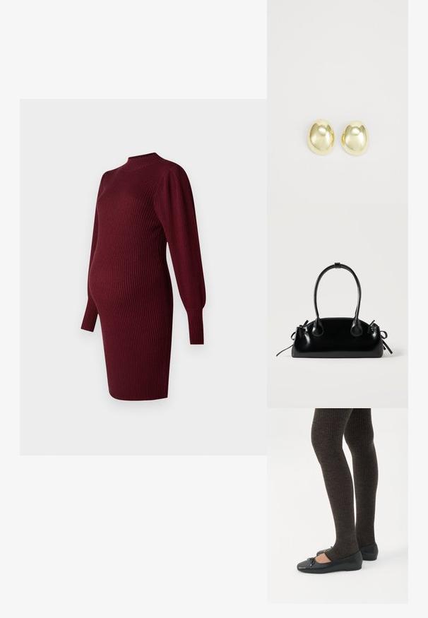 Robe de maternité en maille côtelée bordeaux avec de longues manches bouffantes et un col montant, conçue pour épouser un ventre de grossesse.; Jambes portant des leggings côtelés foncés associés à des ballerines noires avec de petits détails en nœud sur fond blanc.; Petit sac à main noir brillant avec deux longues anses et des détails à cordon sur les côtés sur un fond clair uni.; Boucles d'oreilles en métal doré avec une forme lisse et arrondie et une finition polie. Design simple sans embellissements supplémentaires.
