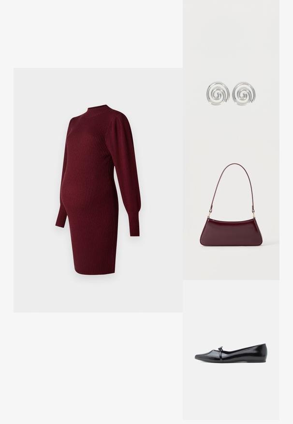Bordeaux ribbelgebreide zwangerschapsjurk met lange pofmouwen en hoge halslijn, ontworpen om goed te passen bij een babybuik.; Zwarte lakleren balletflat met een spitse neus, decoratieve riem en een gladde textuur. Minimalistisch ontwerp zonder zichtbare accenten.; Donker bordeaux glanzende handtas met een enkele dunne handgreep en een slanke trapeziumvorm op een effen lichte achtergrond.; Een paar zilveren spiraalvormige oorringen met een glad, afgerond ontwerp op een effen witte achtergrond.