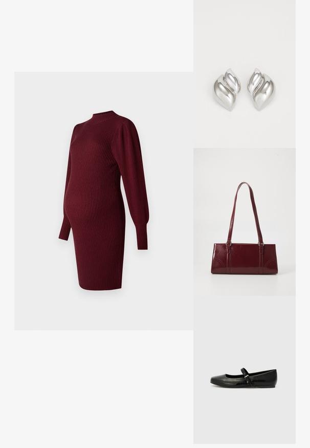 Burgundy ribbed neulevaate äitiysmekko, jossa on pitkät puff-hihat ja korkea kaulus, suunniteltu sopimaan vauvan mahalle.; Mustat nahkaiset balettikengät pyöreällä varpaalla, tasapohjalla ja ohuella säädettävällä remmillä jalkaholvissa, jossa on metallinen solki.; Burgundin värinen käsilaukku, joka on valmistettu kiiltävästä materiaalista, suorakaiteen muotoinen, kahdella olkahihnalla ja hienovaraisilla kaarevilla aksentteilla edessä.; Hopeakoru, jolla on orgaaninen, abstrakti muoto. Sileä, kiiltävä pinta ja kapeneva muotoilu. Korussa on hienovaraisia kaaria ja keskeinen viivayksityiskohta.