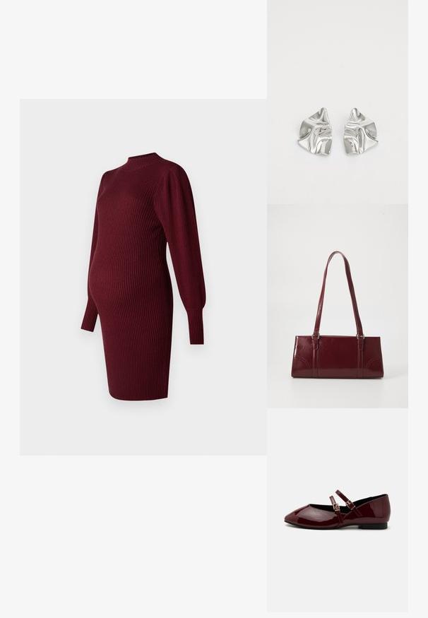 Burgunderfarbendes, geripptes Strick-Maternity-Kleid mit langen Puffärmeln und hohem Ausschnitt, entworfen für eine werdende Mutter.; Anna Field by Zalando Riemchenballerina - dark red; Burgunderfarbene Handtasche aus glänzendem Material, rechteckige Form, mit zwei Schulterriemen und subtilen, geschwungenen Akzenten an der Vorderseite.; Silberne Metallohrringe mit einem wellenförmigen, skulpturalen Design, das eine polierte Oberfläche und unregelmäßige Formen aufweist, die eine zeitgenössische Ästhetik betonen.