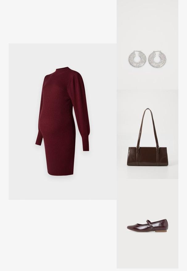 Robe de maternité en maille côtelée bordeaux avec de longues manches bouffantes et un col montant, conçue pour épouser un ventre de grossesse.; Chaussure plate Mary Jane bordeaux avec bout arrondi, finition brillante, bride latérale ajustable avec boucle argentée et semelle basse couleur tan.; Sac à main en cuir verni marron de forme rectangulaire, avec deux longues poignées et des accents courbés subtils à l'avant.; Boucles d'oreilles en argent en forme de créoles ornées de multiples embellissements en cristal transparent, présentant une surface texturée et un design circulaire ouvert.