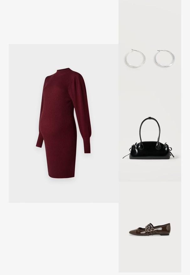 Burgunderfarbendes, geripptes Strick-Maternity-Kleid mit langen Puffärmeln und hohem Ausschnitt, entworfen für eine werdende Mutter.; Brauner Lackleder-Flachschuh mit spitzer Zehenpartie und drei verstellbaren Schnallenriemen an der Seite, von der Außenseite gezeigt.; Kleine schwarze glänzende Handtasche mit zwei langen Griffen und seitlichen Kordelzug-Details vor einfachem hellem Hintergrund.; Silberne Metallcreolen mit glatter, leicht gebogener Oberfläche und Klappverschluss vor schlicht weißem Hintergrund.