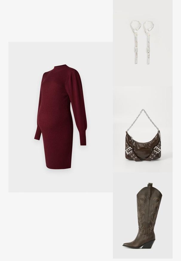 Burgunderfarbendes, geripptes Strick-Maternity-Kleid mit langen Puffärmeln und hohem Ausschnitt, entworfen für eine werdende Mutter.; Braune Leder-Cowboystiefel mit einer spitzen Zehe, Wedge-Absatz und dekorativer Stickerei. Besitzt einen hohen Schaft und eine Zuglasche.; Dunkelbraune Lackleder-Handtasche mit silberner Kettenriemen, dekorativen doppelten Schnallen und Reißverschluss.; Silberne hängende Ohrringe mit rechteckigen und runden klaren Kristallen in einer vertikalen Linie, gesichert durch Leverback-Verschlüsse.