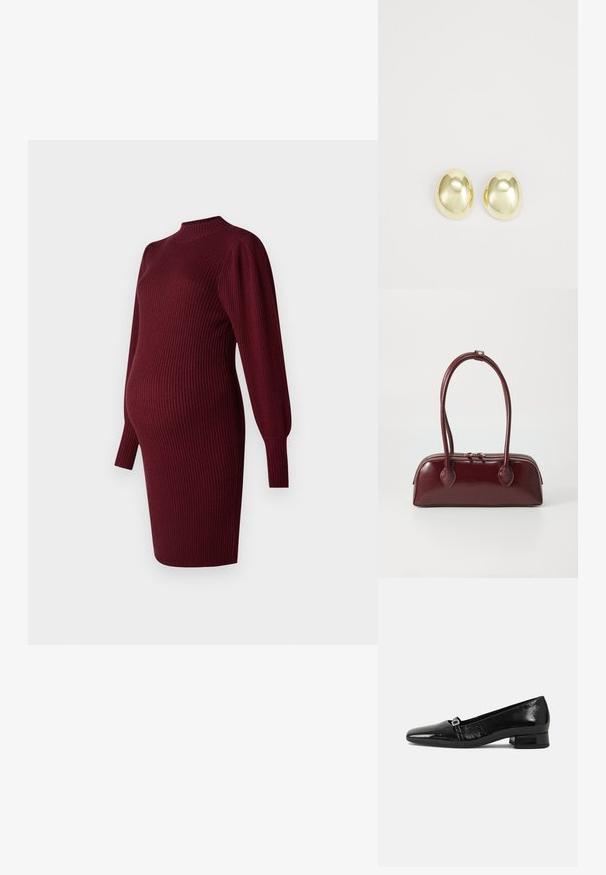 Burgunderfarbendes, geripptes Strick-Maternity-Kleid mit langen Puffärmeln und hohem Ausschnitt, entworfen für eine werdende Mutter.; Schwarze Lackleder-Ballettschuhe mit spitzem Zehenbereich, niedrigem quadratischem Absatz und einem kleinen metallischen Schnallenakzent am Riemen. Glatte Textur.; Burgunderfarbene Ledertasche mit geschwungener Form, doppelten Tragegriffen, Reißverschlussverschluss und dezenten Steppdetails. Glatte, hochglänzende Oberfläche.; Goldfarbene Metallstanzohrringe mit einer glatten, abgerundeten Form und polierter Oberfläche. Einfaches Design ohne zusätzliche Verzierungen.